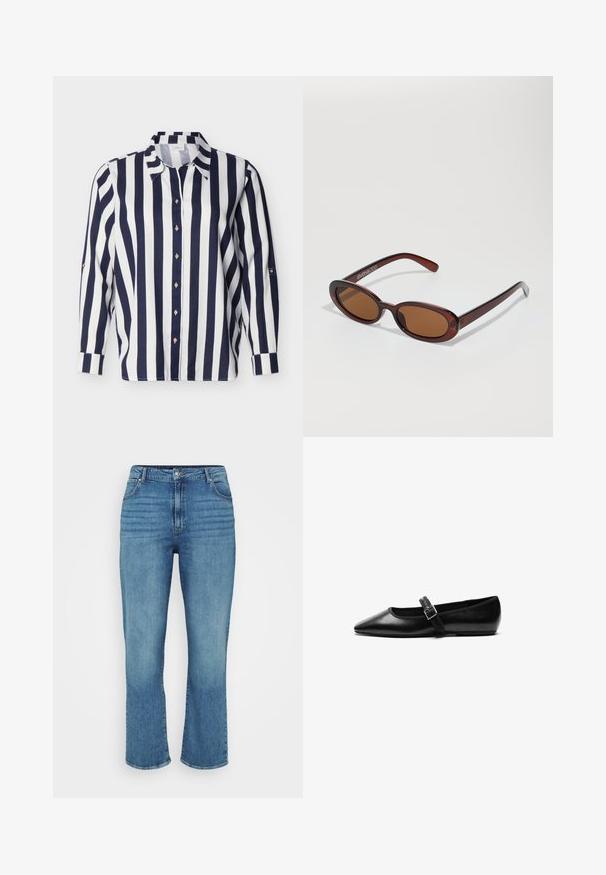 Overhemd met lange mouwen en knopen, met verticale marineblauwe en witte strepen en een puntige kraag, afgebeeld tegen een effen achtergrond.; Lichtblauwe denim jeans met een recht model, voorzien van vijf zakken, een riemlussen en subtiele vervaging aan de voorkant.; Zwarte platte schoen van leer met een spitse neus, verstelbare band met een metalen gesp, een gladde textuur en een minimalistisch ontwerp.; Ronde, bruin getinte zonnebril met een glanzend bordeauxrood frame. Slanke pootjes met subtiele merkdetails. Vlakke lensontwerp.