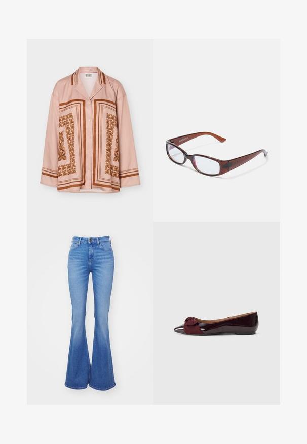 Lyserød skjorte med lange ærmer, knapper foran, brun geometrisk og blomsteragtigt mønster, spids krave og tynde brune striber på ærmerne.; Lyseblå, trompetformede jeans lavet af denim, med høj talje, fem lommer og en let falmende farve mod kanten. Sølvfarvet knaplukning.; Ballett-flade i bordeaux patentlæder og ruskind, med en knyttet detalje på tåen, spids front og flad sål.; Brune-farvede rektangulære briller med en glat overflade, der har slanke arme og gennemsigtige linser. Logoet er synligt på venstre temple.