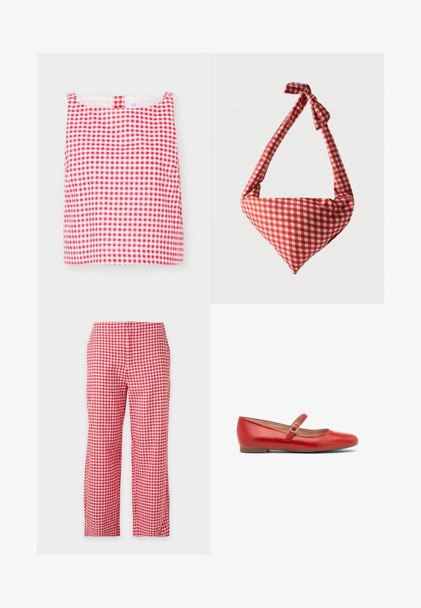 Rood-wit geruit mouwloos topje met een vierkante halslijn en een kleine stoflus aan de voorkant in het midden.; Rood-wit geruite gingham broek met rechte pijpen, volledige lengte, frontaal getoond tegen een effen lichte achtergrond. Geen zichtbare zakken of knopen.; Rode leren balletschoenen met een ronde neus en een enkele verstelbare band over de instap. Platte zool met een minimale hak. Eenvoudig ontwerp.; Zachte stoffen schoudertas met rood-wit geruit patroon, geknoopte handgreep en driehoekige vorm tegen een effen achtergrond.