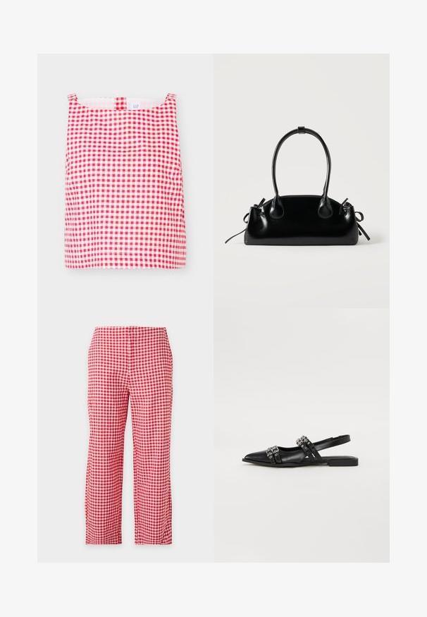 Haut sans manches à motifs vichy rouges et blancs avec encolure carrée et petite boucle en tissu au centre devant.; Pantalon droit à carreaux vichy rouge et blanc, pleine longueur, vu de face sur fond uni clair. Pas de poches ni de boutons visibles.; Even&Odd by Zalando Ballerines à brides arrière - black; Petit sac à main noir brillant avec deux longues anses et des détails à cordon sur les côtés sur un fond clair uni.