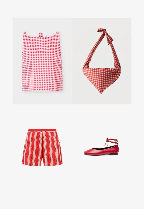 Rood-wit geruit mouwloos topje met een vierkante halslijn en een kleine stoflus aan de voorkant in het midden.; Rode shorts gemaakt van een gestructureerde stof met witte verticale strepen en een gekarteld patroon. Elastische tailleband en een losse pasvorm.; Rode leren balletschoenen met een vierkante neus en een gewikkelde enkelband. Soepele textuur en een kleine zwarte hak.; Zachte stoffen schoudertas met rood-wit geruit patroon, geknoopte handgreep en driehoekige vorm tegen een effen achtergrond.