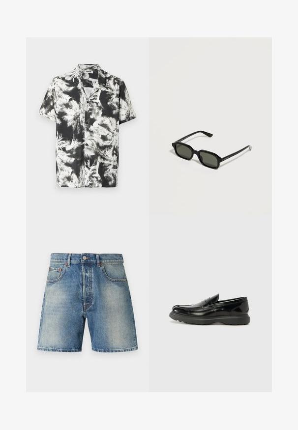 Chemise à manches courtes en noir et blanc avec un motif de feuilles de palmier. Fabriquée en tissu léger avec une patte de boutonnage et un col.; Shorts en denim avec une teinte bleu clair, un design classique à cinq poches, des surpiqûres contrastantes et une coupe droite avec un ourlet effiloché.; Mocassin en cuir noir avec une finition brillante, bout arrondi, détails de couture subtils et semelle en caoutchouc épaisse pour la durabilité.; Lunettes de soleil rectangulaires noires avec des verres foncés et des branches fines, présentées sur un fond clair et neutre.