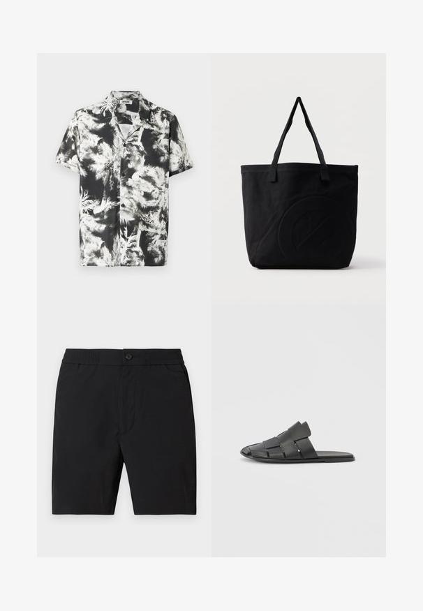 Chemise à manches courtes en noir et blanc avec un motif de feuilles de palmier. Fabriquée en tissu léger avec une patte de boutonnage et un col.; Shorts mi-longs pour hommes noirs avec taille élastique, fermeture par bouton et poches latérales, présentés sur un fond uni.; Sandale noire à enfiler avec dessus en cuir tressé, conception à bout ouvert et semelle plate. Caractéristiques : texture lisse et esthétique minimaliste.; Sac fourre-tout en toile noire avec deux bandoulières et un motif circulaire discret en relief sur le devant.