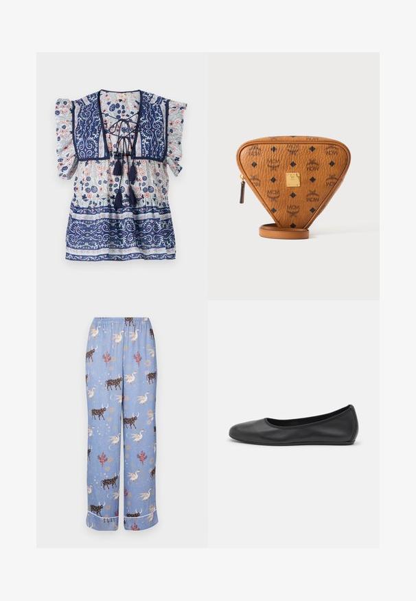 Blusa floral en azul marino con mangas abullonadas, un frontal con cordones, borlas y patrones intrincados en azul claro y melocotón, hecha de tela ligera.; Pantalones de pijama azules con un patrón caprichoso que presenta vacas, criaturas míticas y elementos celestiales; cinturilla elástica y piernas anchas.; Bailarina de piel negra con punta redondeada, textura suave, detalle de costura minimalista y diseño de suela flexible.; Bolso bandolera triangular de cuero marrón con logos MCM negros, placa metálica dorada de la marca y cremallera en un fondo blanco.