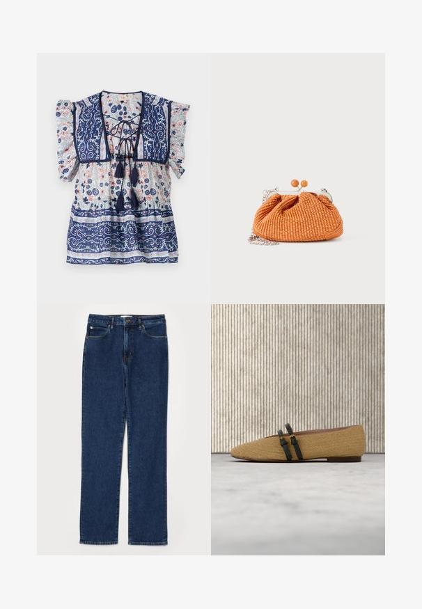 Marineblå blomstret bluse med puffærmer, snørefront, kvaster og detaljerede mønstre i lysblå og fersken, lavet af letvægtsstof.; Denim jeans i mørkeblå farve, lige ben design, fem-lommer stil, med en robust talje og synlige syning detaljer.; Beige vævet fladsko med to sorte stropper og gyldne spænder, vist på lys tæppe med brun rundt bord i baggrunden.; Lille orange flettet clutch-pung med sølvmetalramme, rund lukning og en sølvkæde-rem på en hvid baggrund.