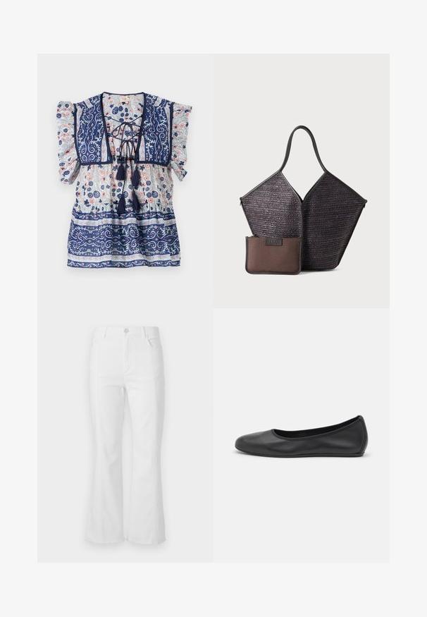 Marineblå blomstret bluse med puffærmer, snørefront, kvaster og detaljerede mønstre i lysblå og fersken, lavet af letvægtsstof.; Hvide flare jeans med høj talje, forlommer og rå kant. Lavet af denim med en glat tekstur og minimal syninger.; Sort læderballetsko med rund tå, glat tekstur, minimal syning og et fleksibelt såldesign.; Hereu CALELLA - Shopping bags - dark brown