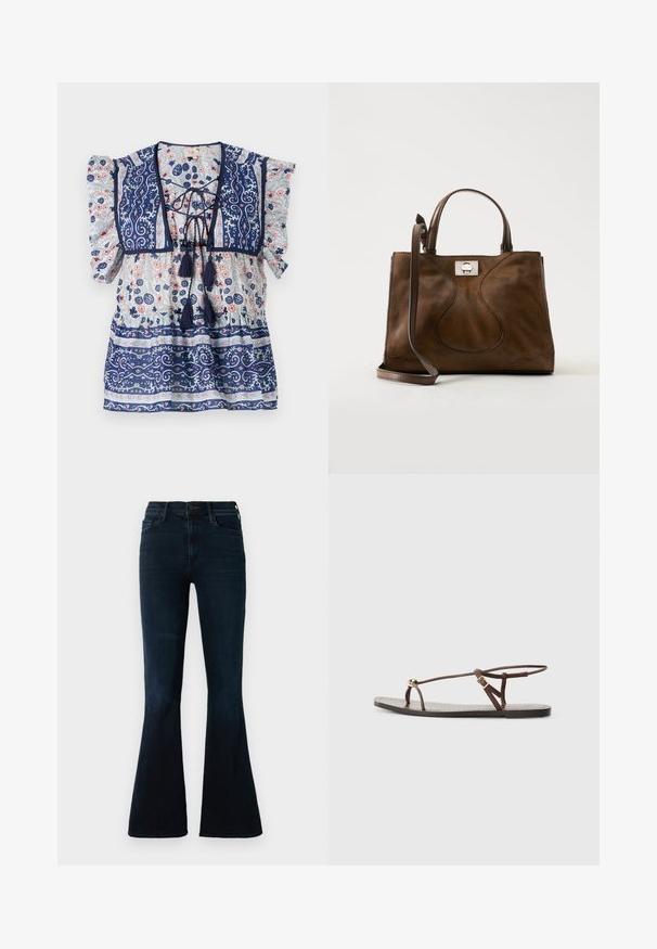 Marineblauwe bloes met bloemenprint, pofmouwen, een vetersluiting aan de voorkant, franjes en delicate patronen in lichtblauw en perzik, gemaakt van lichtgewicht stof.; Donkerblauwe uitlopende jeans van denim, met een hoge taille, standaardzakken en subtiele vervaging op de stof.; Bruine leren sandaal met dunne banden, een gouden cirkelaccent en een platte zool. Minimalistisch ontwerp met een verstelbare gesp.; Bruine suède handtas met leren handgrepen en verstelbare schouderriem, met een zilverkleurige sluiting op een effen witte achtergrond.