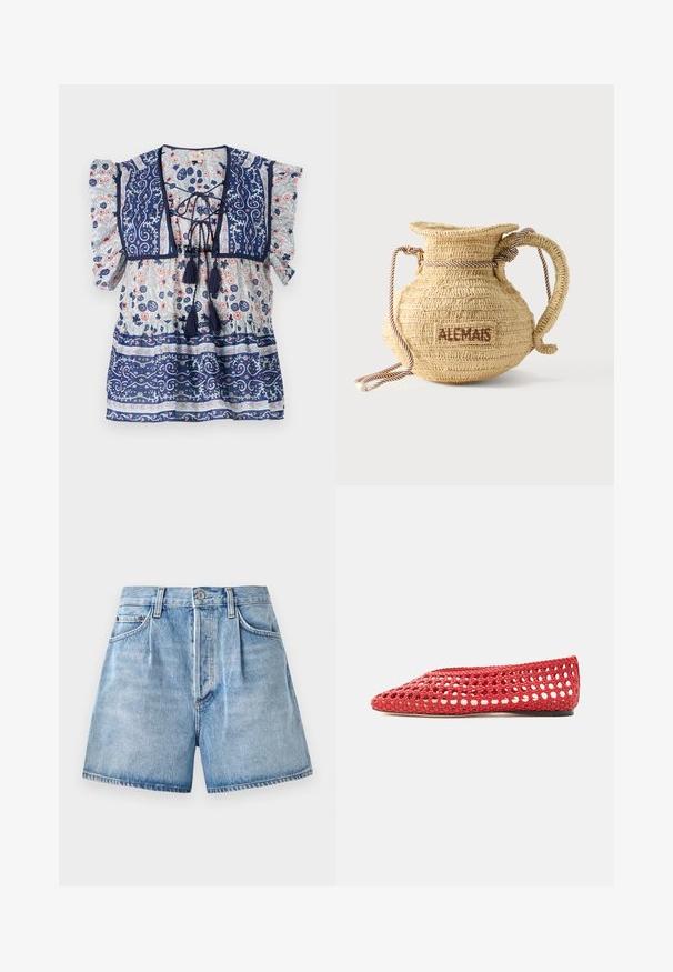 Marinebluse mit Blumenmuster, Puffärmeln, Schnürung, Quasten und aufwendigen Mustern in Hellblau und Pfirsich, aus leichtem Stoff.; Helle blaue Jeansshorts mit hoher Taille, ausgestattet mit einem Knopf- und Reißverschluss, vorderen Taschen und einem rohen Saum.; Roter gewebter flacher Schuh mit offenem Gitterdesign und fester Sohle, seitlich auf weißem Hintergrund dargestellt.; Runde, geflochtene Strohtasche mit Kordelgriff und dem Schriftzug "ALEMAIS" auf der Seite, in braunem Garn gestickt.