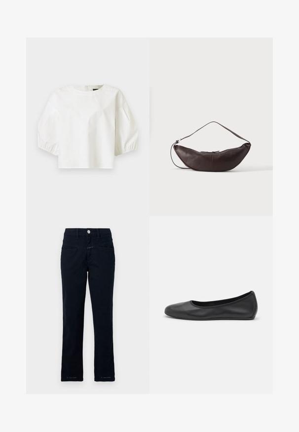 Witte damesblouse met ronde hals en driekwart pofmouwen, effen ontwerp, getoond op een grijze achtergrond.; Navy blauwe broek gemaakt van stretchkatoen met een recht model, voorzakken en een knoopsluiting bij de taille.; Zwarte leren ballerina met een ronde neus, gladde textuur, minimale stikdetails en een flexibele zoolontwerp.; Donkerbruine leren schoudertas in halve maan vorm met een gebogen band en zichtbare stiksels op een effen achtergrond.