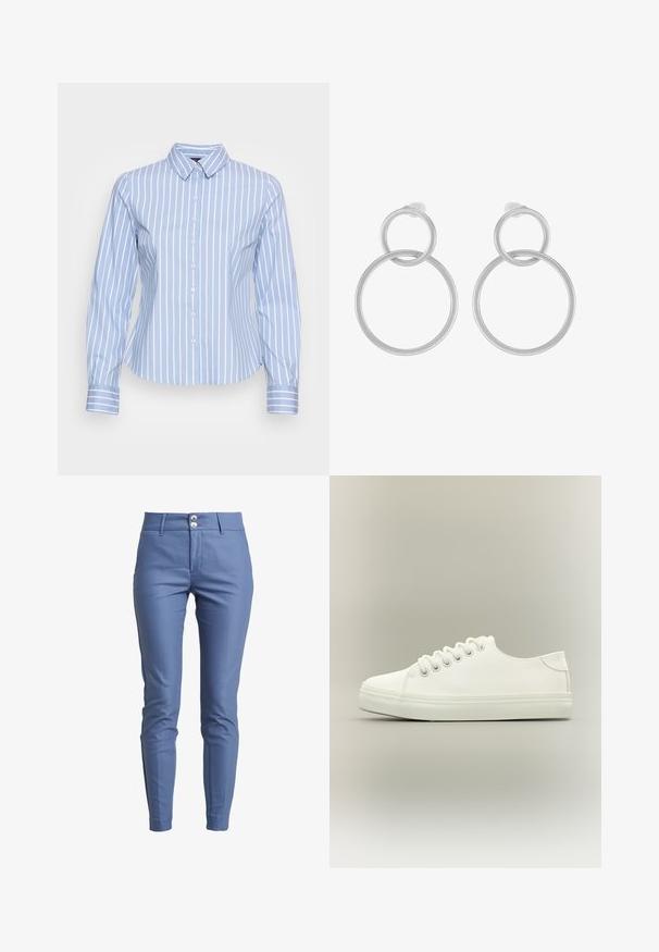 Chemise bleu clair à boutons avec des rayures blanches verticales, un col classique, des manches longues et des poignets boutonnés, offrant une coupe cintrée.; Pantalons slim-fit en tissu bleu clair avec une texture lisse, présentant un devant plat et un détail de taille à deux boutons.; Baskets basses blanches avec lacets blancs et semelle en caoutchouc, vues de côté sur un fond neutre.; Boucles d'oreilles en métal argenté présentant deux cercles entrelacés, un plus grand et un plus petit, avec une finition brossée et des fermoirs à poussoir.