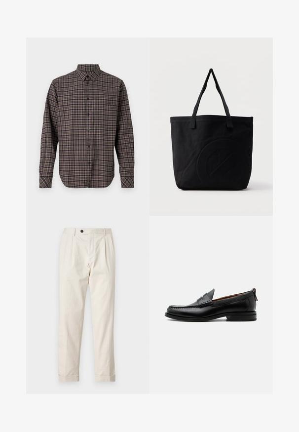 Chemise en flanelle à manches longues, de couleur vert foncé, avec un motif à carreaux comprenant des lignes roses et blanches, fermeture à boutons et une poche poitrine unique.; Pantalons crème avec une coupe ajustée, présentant une fermeture à un bouton, un devant plissé et des ourlets à revers. Fabriqués en tissu léger.; Mocassin homme en cuir noir avec couture moc toe, bride penny, col texturé et petit talon empilé sur fond blanc.; Sac fourre-tout en toile noire avec deux bandoulières et un motif circulaire discret en relief sur le devant.