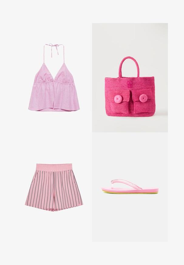 Haut à bretelles rayé rose et violet avec un décolleté en V profond et une taille froncée, noué au cou avec des fines bretelles.; Shorts roses clairs avec des rayures verticales bleues marines, taille élastique et poches latérales. Fabriqués en tissu doux avec une coupe décontractée.; Tongs roses avec des brides translucides roses et une semelle jaune rainurée, présentées en vue de profil sur un fond blanc.; Sac à main tissé rose vif avec deux poches avant, de grands boutons ronds et une poignée arrondie unique sur un fond clair uni.