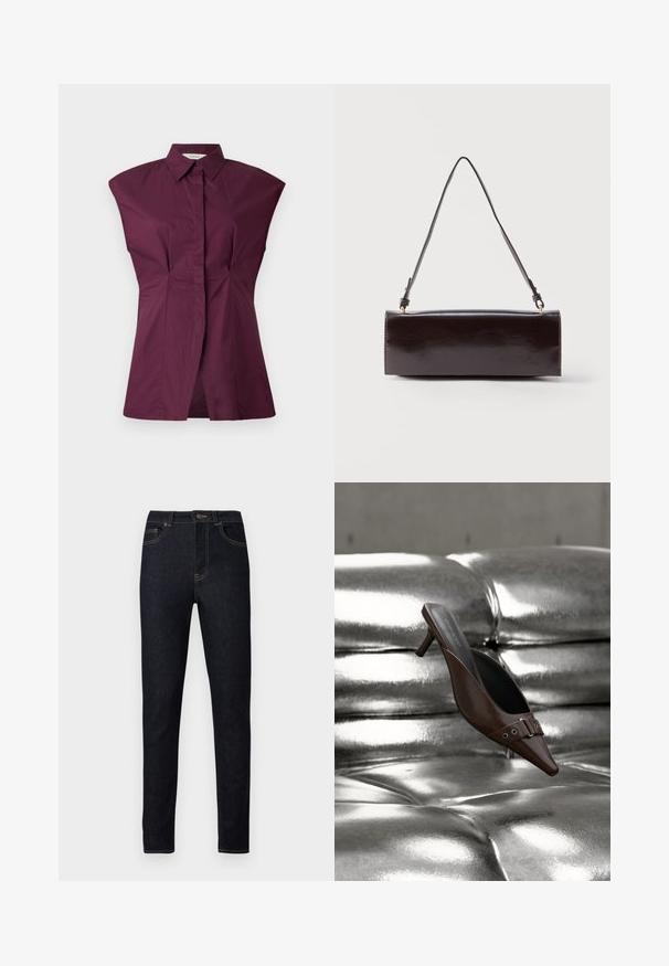 Chemise col maroon avec un design unique à larges épaules, des plis à l'avant et une finition sans couture, fabriquée à partir d'un tissu en mélange de coton lisse.; Jean en denim bleu foncé à coupe slim, avec des surpiqûres orange, une braguette à boutons, et un design traditionnel à cinq poches.; Mule à talon brun à bout pointu avec détail boucle flottant au-dessus d'une surface en cuir argenté capitonnée brillante.; Sac à main rectangulaire en cuir noir avec une longue bandoulière unique et une finition brillante, présenté sur un fond blanc uni.