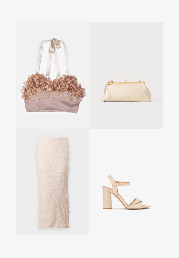 Nøgenfarvet bralette med blomsterudsmykninger, blonder, satinunderlag og justerbare satinbånd.; Cremefarvet blyantskirt i blonde med blomsterapplikationer. Designet er tætsiddende, med en glat tekstur og detaljerede udsmykninger.; Beige højhælede sandaler med en knyttet frontdesign, justerbar ankelrem og en solid blokhæls, lavet af glat læder.; Cremefarvet rektangulær clutch med guldfarvet metalramme, rund lås, kort rem og VALENTINO-logo på fronten.