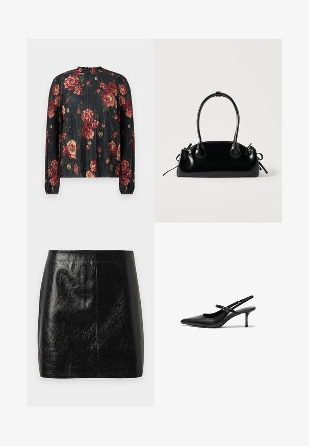 Blouse plissée à motifs floraux avec un fond sombre orné de fleurs rouges et crème, col haut, et manches longues avec poignets élastiques.; Jupe mini en cuir synthétique noir avec une texture lisse et brillante, présentant une coupe droite et des coutures minimales au niveau de la taille.; Talons aiguilles noires en cuir avec un bout pointu, une fine bride réglable, et un talon aiguille d'environ 5 cm, texture lisse.; Petit sac à main noir brillant avec deux longues anses et des détails à cordon sur les côtés sur un fond clair uni.