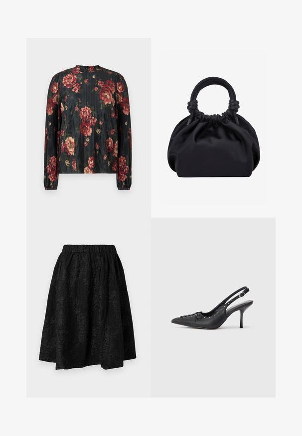 Bluse med blomsterprint og plisseringer, der har en mørk baggrund med røde og cremefarvede blomster, høj hals og lange ærmer med elastiske manchetter.; Sort nederdel med elastisk talje, prydet med teksturerede blomsterdesigns. Stoffet ser let og en smule krøllet ud.; Sorte læder slingback stiletto med spids tå, side spændebånd, nitter langs kanten og dekorativ snøring foran.; Sort blød stofhåndtaske med samlet top og cirkulære polstrede håndtag bundet med knuder på hver side.
