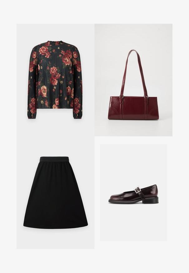 Bluse med blomsterprint og plisseringer, der har en mørk baggrund med røde og cremefarvede blomster, høj hals og lange ærmer med elastiske manchetter.; Sorte A-linjeet nederdel med elastisk talje, lavet af et glat, let materiale; har et simpelt, ensfarvet design uden mønstre.; En enkelt blank mørk burgunder Mary Jane sko med bred rem og sølvspænde, lav blokhæle og rundet tå på hvid baggrund.; Bordeaux håndtaske lavet af glansfuldt materiale, rektangulær form, med to skulderremme og subtile buede detaljer på forsiden.