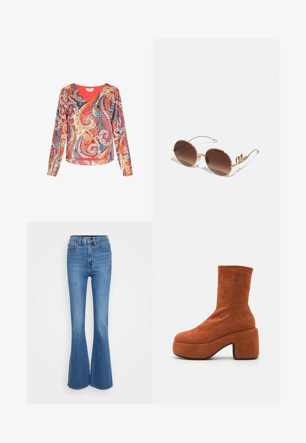 V-hals langærmet top i et farverigt paisleyprint, der har røde, blå og gule nuancer på et let stof med en glat overflade.; Blå denim jeans med bredde i bunden og høj talje, med stiklommer, metalknap og en glat struktur. Klassisk fem-lommes design.; Brune ruskind ankelstøvler med blokhæl og platformssål. Overdelen har en glat tekstur og syninger, der strækker sig til midten af læggen.; Runde solbriller med brune linser og guld metalramme. Har buede arme med dekorative detaljer. Glat tekstur, minimalistisk design.