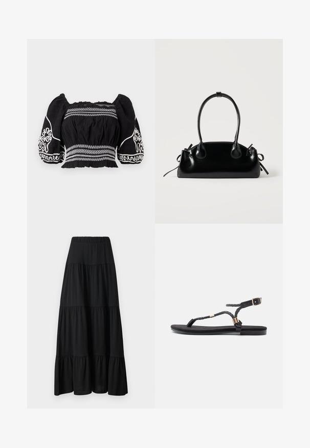 Sort off-shoulder bluse med puffærmer, prydet med hvide broderede mønstre og tekstureret stof, med samlet talje og elastiske manchetter.; Sort lagdelt maxi-nederdel med en samlet talje, flydende design og glat tekstur. Har tre forskellige lag af stof.; Sorte flade sandaler med flettede stropper og en metallisk detalje. Har en justerbar spænde og flad gummisål for komfort.; Lille sort blank håndtaske med to lange håndtag og snøre-detaljer i siden på en ensfarvet lys baggrund.