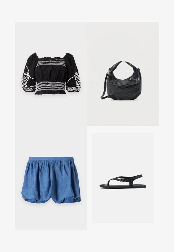 Sort off-shoulder bluse med puffærmer, prydet med hvide broderede mønstre og tekstureret stof, med samlet talje og elastiske manchetter.; Blå, letvægts shorts med en samlet elastisk talje og et blødt, tekstureret design. Har en blød stoffinish med en afslappet pasform.; Sort flad sandal med ankelrem, tæsepind og sølvspænde på glat sål, vist fra siden på hvid baggrund.; Sort flettet læderhåndtaske med kort håndtag og aftagelig skulderrem, vist mod en ensfarvet lys baggrund.