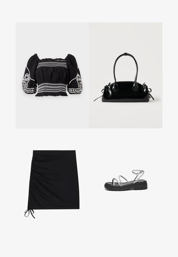 Sort off-shoulder bluse med puffærmer, prydet med hvide broderede mønstre og tekstureret stof, med samlet talje og elastiske manchetter.; Sort mini nederdel lavet af blødt stof, med sidelæg og snører ved kanten. Glat tekstur med en tætsiddende silhuet.; Metallisk sølvfarvet sandal med flere tynde remme og en chunky sort sål, udstyret med en justerbar ankelrem.; Lille sort blank håndtaske med to lange håndtag og snøre-detaljer i siden på en ensfarvet lys baggrund.