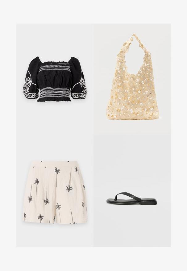 Blusa negra sin hombros con mangas abullonadas, con patrones bordados en blanco y tejido texturizado, cintura fruncida y puños elásticos.; Pantalones cortos de un beige claro con patrón de palmeras negras, que cuentan con pliegues en la parte frontal y una textura de tela suave y ligera.; Chancla negra de piel suave, con un diseño de tira delgada y una suela plana de perfil mínimo. Sin patrones ni acentos notables.; Bolso tote beige de crochet con un patrón floral abierto, que presenta flores grandes y pequeñas y una sola asa en forma de lazo.
