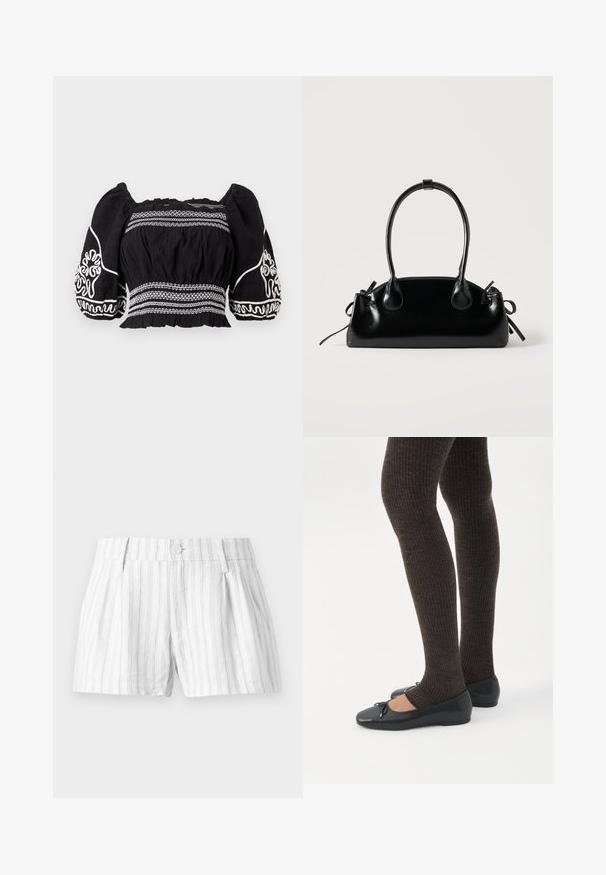 Blusa negra sin hombros con mangas abullonadas, con patrones bordados en blanco y tejido texturizado, cintura fruncida y puños elásticos.; Pantalones cortos de algodón blancos con rayas verticales en gris claro, con cierre de botón, pliegues y bolsillos laterales. Diseño simple y casual.; Piernas con leggings oscuros acanalados combinados con bailarinas negras que presentan pequeños detalles de lazo sobre un fondo blanco.; Pequeño bolso negro brillante con dos asas largas y detalles de cordón lateral sobre un fondo claro liso.