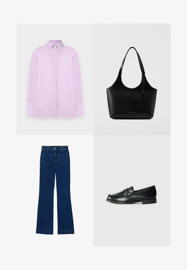 Langærmet skjorte med knapper og krave, lys lilla farve, vist fladt mod en ensfarvet hvid baggrund.; Mørkeblå flared jeans i denim med en glat tekstur, fem-lomme design og en knaplukning i taljen.; Sorte læder moccasin sko med rund tå, hævede syningsdetaljer og en lav hæl. Glat tekstur med minimale udsmykninger.; Sort læder tote bag med justerbar skulderrem og lille guld Tommy Hilfiger-logo centreret på bunden foran.