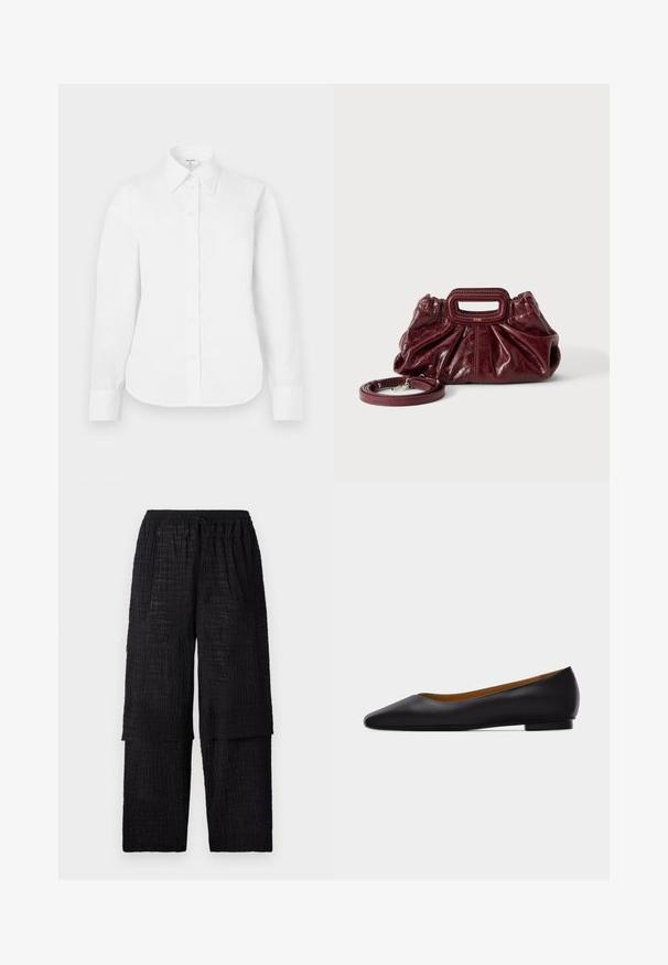 Witte, op maat gemaakte blouse met lange mouwen, spitse kraag en knoopsluiting aan de voorkant, weergegeven op een neutrale achtergrond.; Henrik Vibskov SHANTS PANTS - Broek - black; Zwarte leren puntschoen met lage hak en gladde afwerking, zijaanzicht op een lichtgrijze achtergrond.; Kleine donkerrode leren handtas met geplooide textuur, rechthoekig handvat met uitsparing en afneembare schouderriem tegen een witte achtergrond.