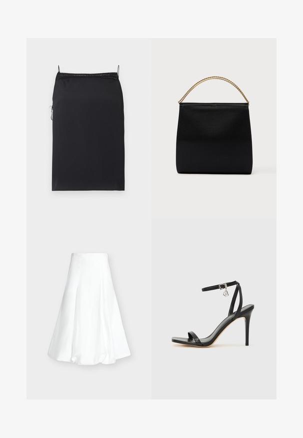 Robe nuisette noire à bretelles réglables, bordure en dentelle au niveau de l'encolure, tissu lisse, coupe ajustée, fermeture éclair sur le côté, longueur mi-cuisse.; Jupe midi blanche taille haute avec un ourlet bouffant et des coutures verticales sur un fond gris clair uni.; Sandale à talon haut noire avec une bride étroite à la cheville, bout carré, cuir lisse et accent de boucle métallique.; Sac noir en tissu lisse, présentant une forme structurée, une poignée en chaîne dorée et un design géométrique minimaliste.