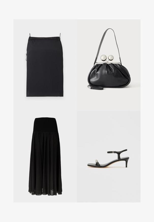 Robe nuisette noire à bretelles réglables, bordure en dentelle au niveau de l'encolure, tissu lisse, coupe ajustée, fermeture éclair sur le côté, longueur mi-cuisse.; Jupe maxi noire en tissu léger, dotée d'une large ceinture élastique et d'un design fluide plissé avec un aspect transparent à l'ourlet.; Sandale noire en cuir à talon avec bride à la cheville, bout ouvert, devant carré et accent en métal argenté. Design ajusté avec un profil élégant.; Sac à main en cuir noir avec un design plissé, une sangle unique, un cadre métallique argenté et deux grandes fermoirs ronds en argent.