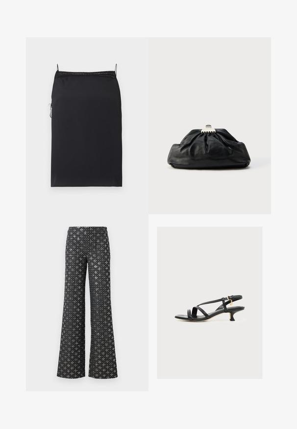 Schwarzes Slip-Kleid mit verstellbaren Trägern, Spitzenbesatz am Ausschnitt, glattem Stoff, schlanker Passform, Reißverschluss seitlich, mittlere Oberschenkellänge.; Schwarze weit geschnittene Hose mit einem Pailletten-Textur und silbernen Akzenten, die ein gemustertes Erscheinungsbild über den gesamten Stoff erzeugen.; Schwarze Riemchen-Kitten-Heel-Sandalette mit quadratischer Spitze, Knöchelriemen und kleinem goldenen Anhänger auf schlichtem hellem Hintergrund.; Schwarze Leder-Clutch mit geraffter Textur, Metallverschluss und dezentem, auf der Vorderseite geprägtem Logo. Abgerundete Form.