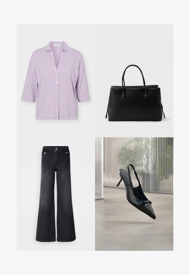 Hellviolettes Hemd zum Knöpfen mit kurzen Ärmeln und lockerem Kragen, gefertigt aus strukturiertem Stoff.; Schwarze Denim-Jeans mit weitem Bein und hoher Taille, mit vorderen Knöpfen und zwei Vordertaschen; glatte Textur mit leichtem Verwaschungsfinish.; Schwarzer, strukturierter Leder-Slingback-Hochschuh mit spitzer Spitze und einer kleinen dekorativen Schnalle, der über einem glatten Boden zu schweben scheint.; Schwarze Leder-Shopper-Tasche mit zwei Griffen, rechteckiger Form und einer einfachen, strukturierten Oberfläche vor weißem Hintergrund.