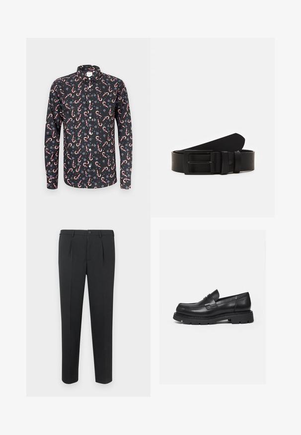 Schwarzes Langarmshirt mit Zuckerstangen- und Blumenmuster, mit Knöpfen und klassischem Kragen. Weiche Stoffstruktur.; Schwarze, maßgeschneiderte Hose mit geradem Bein, zwei vorderen Bundfalten und einem Knopfverschluss am Bund. Hergestellt aus einem glatten Stoff ohne sichtbare Muster.; Schwarzer Lederloafer mit dicker, profilierter Sohle und Pennyriemen-Detail, von der rechten Seitenansicht auf weißem Hintergrund gezeigt.; Schwarzledergürtel mit einer mattscharzen rechteckigen Metallschnalle und zwei Gürtelschlaufen auf weißem Hintergrund.