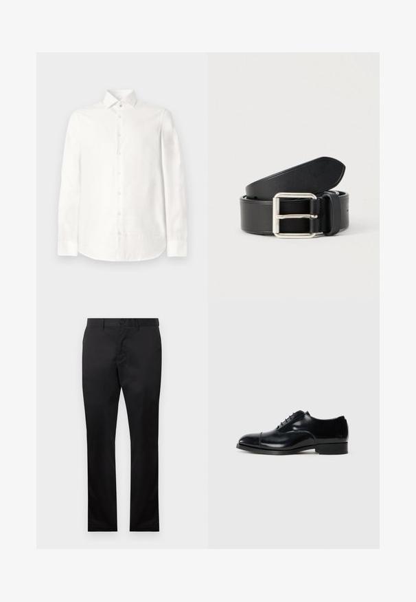 Camisa blanca de manga larga hecha de tela suave. Cuenta con un collar de punta, cierre frontal con botones y un dobladillo redondeado. Sin patrones visibles.; Pantalones de algodón negros con un diseño de pierna recta, que cuentan con un cierre de botón frontal y bolsillos laterales, textura suave y sin patrones visibles.; Zapato de vestir negro de cuero con un acabado pulido, punta redondeada, diseño con cordones y un tacón bajo apilado, que presenta un sutil detalle de costura.; Cinturón de cuero negro con textura lisa, hebilla metálica plateada y diseño limpio y sencillo. Cuenta con agujeros para ajuste.