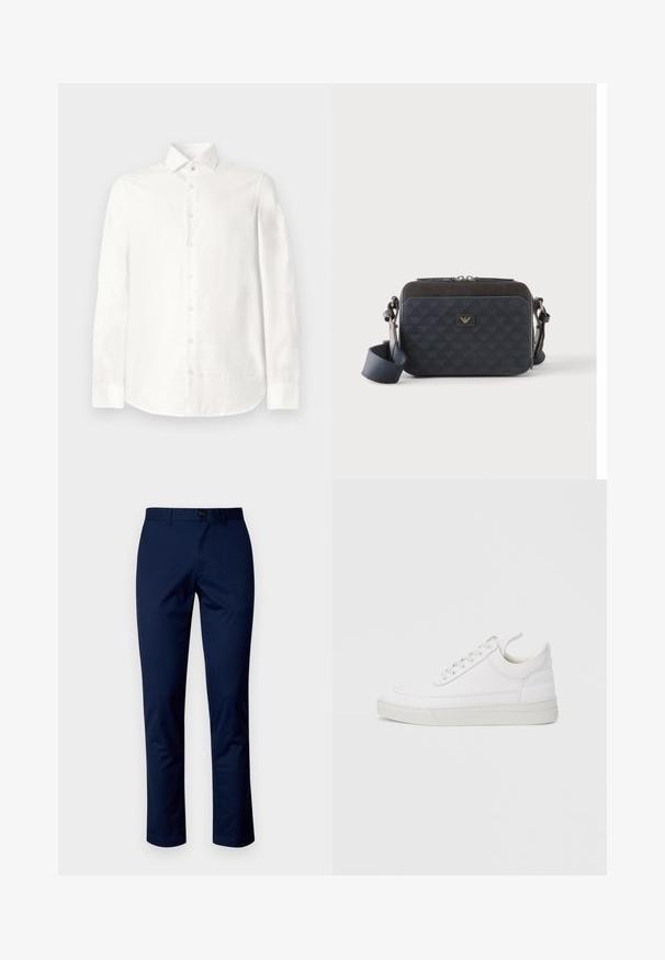 Chemise blanche à manches longues en tissu lisse. Elle a un col pointu, une fermeture à boutons sur le devant et un ourlet arrondi. Pas de motifs visibles.; Pantalons en coton bleu marine avec une coupe droite, dotés d'une fermeture à bouton à l'avant, de passants de ceinture et de coutures propres. Texture lisse sans motifs.; Baskets en cuir blanc avec un embout arrondi, une semelle plate et un laçage à l'avant. Présentent des détails de couture et un col rembourré pour plus de confort.; Sac bandoulière rectangulaire bleu foncé avec sangle réglable, fermeture éclair et motif subtil du logo sur le panneau avant.