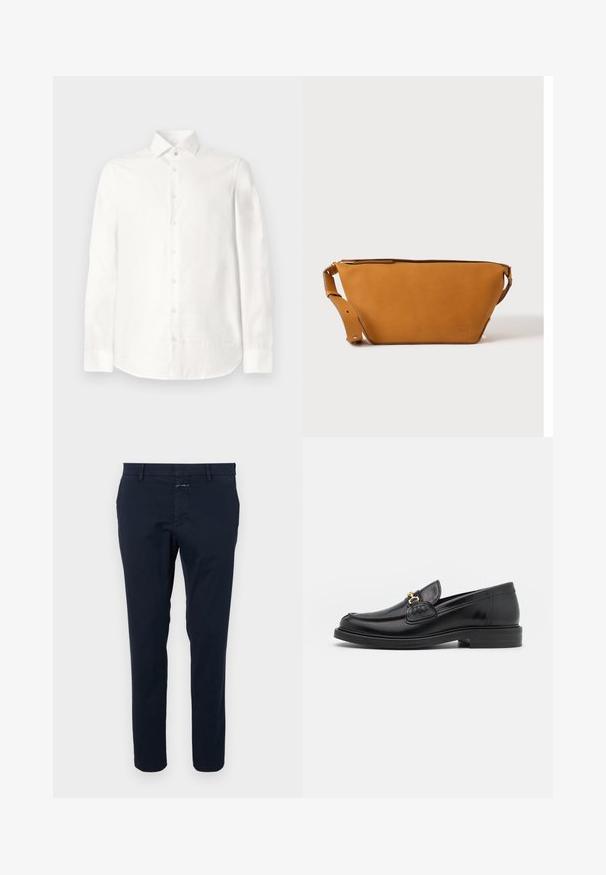 Witte blouse met lange mouwen van soepele stof. Heeft een gelogen kraag, een sluiting met knopen aan de voorkant en een ronde zoom. Geen zichtbare patronen.; Marineblauwe katoenen chinos met een slim fit, rechte voorkant en een ritsgulp. Voorzien van zijzakken en een achterzak met een klein merketiket.; Zwarte leren instappers met een ronde neus, voorzien van een gouden hardware accent en stikdetails, geplaatst op een lage, getextureerde rubberen zool.; Lichtbruine leren crossbodytas met verstelbare band en ritssluiting, getoond tegen een effen lichte achtergrond.
