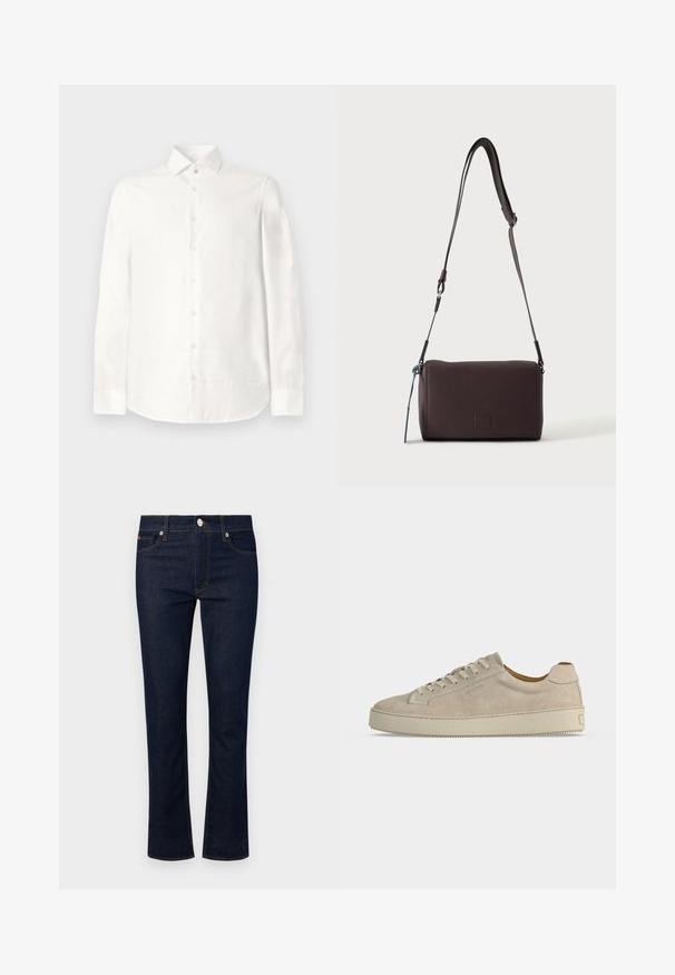 Hvid langærmet skjorte lavet af glat stof. Har en spids krave, frontlukning med knapper og en rundet kant. Ingen synlige mønstre.; Denimjeans i en mørkeblå vask, lige ben-design, fem lommer og kontrastsyning. Har en frontlukning med knap.; Beige ruskind lavtop sneaker med snørelukning og tyk gummisål, vist fra siden på en ensfarvet hvid baggrund.; Mørkebrun textured læder crossbody taske med justerbar rem og lille dekorativ blå accent på siden.