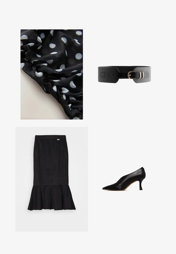 Tejido de malla negra con lunares blancos, que presenta una textura recogida y un suave drapeado. Los detalles de costura visibles acentúan el flujo del tejido.; MIKAGE SHIN MERMAID SLIT SKIRT - Falda de tubo - black; Zapato de tacón alto de cuero negro con punta afilada y un tacón delgado y curvado. Presenta una textura suave y un diseño minimalista.; Cinturón de piel negra con una banda ancha, que presenta una hebilla doble en tono dorado y múltiples agujeros para ajuste de tamaño. Textura suave y diseño limpio.