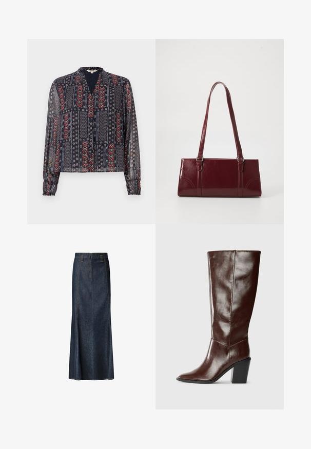 Doorzichtige marineblauwe blouse met lange mouwen, knoopsluiting aan de voorkant en een rood-wit-blauw bloemen- en bladerenpatroon.; Denim midi-rok in donkerblauw met een strakke taille, zichtbare stiksels en een rechte pasvorm. Voorzien van een rits aan de voorkant en zakken.; Hoge donkerbruine leren laars met een spitse neus en een gestapelde blokhak, vanuit de zijkant weergegeven op een effen achtergrond.; Bourgondische handtas van glanzend materiaal, rechthoekige vorm, met twee schouderbanden en subtiele gebogen accenten aan de voorkant.
