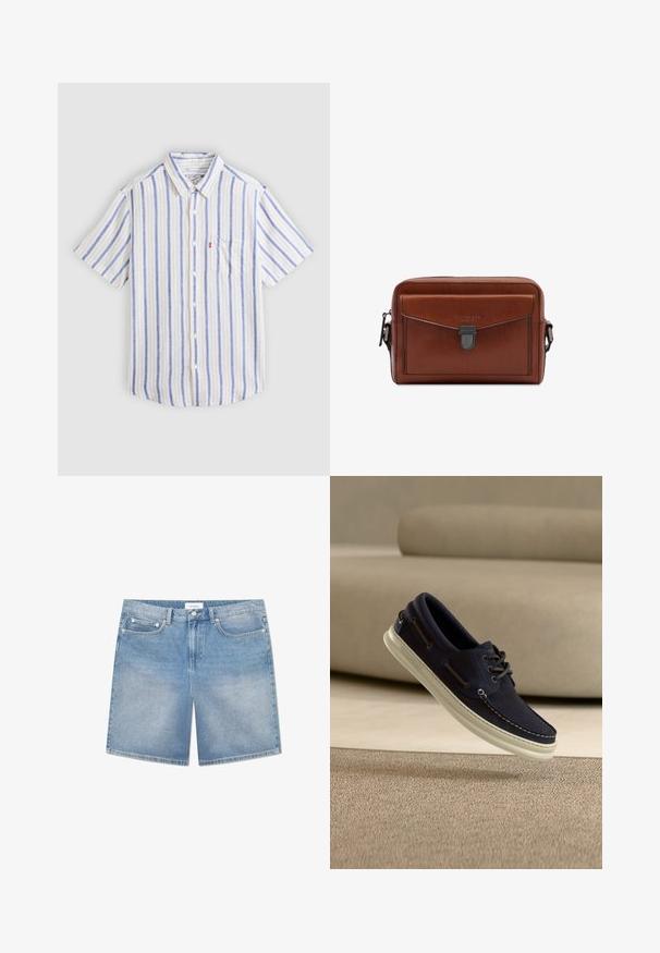 Camisa de manga corta con botones, con rayas verticales azules y beige, bolsillo en el pecho y cuello clásico sobre un fondo liso.; Pantalones cortos de mezclilla azul claro con un corte recto, cinco bolsillos, un ligero desgastado y una etiqueta de marca en la cinturilla. Material de algodón con costuras clásicas.; Zapato náutico de ante azul marino con suela de goma blanca. Cuenta con detalles de costura y cierre con cordones con adornos metálicos.; Estuche rectangular de cuero marrón con bolsillo frontal con solapa y cierre metálico, con tiradores laterales de cremallera y detalles cosidos.