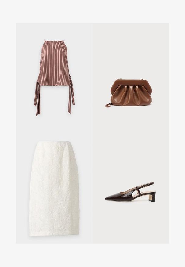 Brun ærmeløs haltertop med lodrette hvide striber og sidestropper på en neutral baggrund.; Knelang hvid nederdel med et tekstureret blomstermønster, der har hævede rosedesigns og en subtil glans. Enkel, lige silhuet.; Mørkebrune slingback sko i krokodillelæder med spids tå, lav blokhæl og justerbar rem med guldfarvet spænde.; Brun læderclutch med samlet design og struktureret topramme, der har en lille håndledsrem og detalje i guldfarvet lukning.