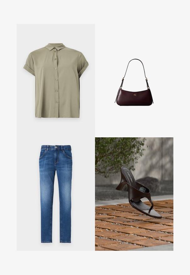 Chemise à manches courtes, verte olive, avec boutons, fabriquée en tissu léger, dotée d'un col classique et de poignets retroussés.; Jean en denim bleu ajusté avec une finition délavée, cinq poches, fermeture à bouton à l'avant et détails de couture contrastés.; Sandale à talon marron Calvin Klein suspendue au-dessus d'un sol extérieur en dalles de bois et gravier avec un arrière-plan flou de verdure et de pierres.; Sac à main en cuir bordeaux foncé avec une fine sangle d'épaule noire et un petit logo doré "cK" au centre devant.