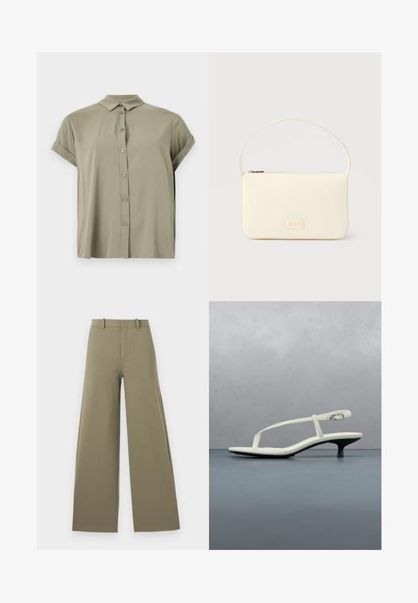 Camisa de botones de manga corta en verde oliva, hecha de tejido ligero, con un cuello clásico y puños doblados.; Pantalones de pierna ancha en oliva claro con una textura suave, con cremallera frontal, cinturilla con trabillas y dos bolsillos laterales.; Sandalia blanca de tacón kitten con tiras y punta afilada, flotando sobre un suelo de baldosas de madera al aire libre, con un fondo desenfocado de plantas y pared.; Bolso rectangular color crema con una sola correa y cremallera superior, con una pequeña placa de logotipo en relieve en el frente.