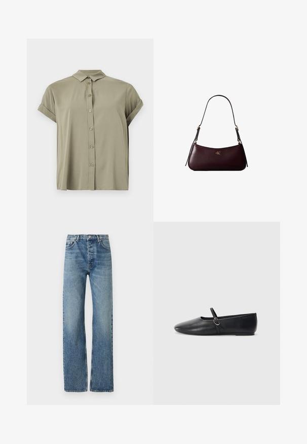 Korte mouwen, olijfgroen button-up shirt gemaakt van lichtgewicht stof, met een klassieke kraag en opgerolde mouwen.; Lichtblauwe, high-waisted jeans met een recht gesneden ontwerp, gemaakt van denimstof. Voorzien van klassieke vijf-pocket styling en zilveren hardware.; Zwarte leren balletschoenen met een spitse neus, platte zool en een kleine strap met een zilveren gespsluiting.; Donker bordeauxkleurige leren handtas met een smalle zwarte schouderband en klein gouden "cK" logo aan de voorkant in het midden.