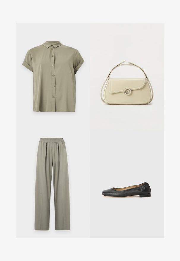 Chemise à manches courtes, verte olive, avec boutons, fabriquée en tissu léger, dotée d'un col classique et de poignets retroussés.; Pantalons large taille haute, gris clair, avec une ceinture élastique et des plis sur le devant.; Ballerines en cuir noir avec un bout arrondi et des coutures minimales. Talon bas et rectangulaire avec une texture lisse. Détails subtils de doublure intérieure.; Sac à main en cuir crème avec rabat incurvé, fermoir circulaire en argent et poignée courte sur le dessus, sur fond blanc uni.