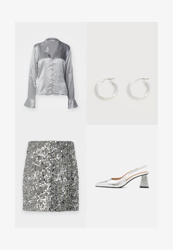 Chemise en satin argenté à manches longues, avec un col cranté et une fermeture à boutons sur le devant. Présente des poignets évasés et une texture lisse et brillante.; Jupe mini en sequins présentant un schéma de couleurs argent métallisé et noir, surface texturée avec des sequins réfléchissants, et un design ajusté.; Pompe argentée à talon slingback avec un bout pointu, une finition métallique texturée et un talon bloc triangulaire. L'intérieur présente des détails en cuir marron.; Paire de boucles d'oreilles créoles moyennes argentées brillantes avec de fines attaches métalliques sur un fond clair et neutre.