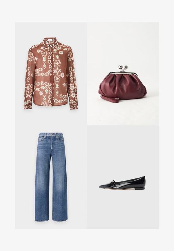 Chemise marron à manches longues avec des motifs floraux et ornementaux blancs et verts, boutonnée à l'avant, col pointu.; Jean large bleu clair en denim, avec une taille haute, un design classique à cinq poches et un léger délavage pour un look usé.; Chaussure plate en cuir verni noir avec un bout pointu, une petite lanière décorative et un petit talon carré. Texture lisse et design épuré.; Petit sac pochette en cuir bordeaux avec fermoir métallique argenté et bracelet sur fond blanc.