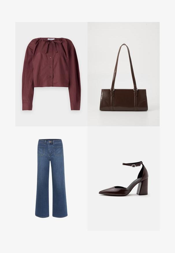 Blouse courte bordeaux en tissu léger, avec un col à nouer, des manches longues et une fermeture à boutons sur le devant. Texture lisse avec un minimum de détails.; Jean à jambes larges en denim bleu foncé avec une texture lisse, doté d'une fermeture à boutons, de cinq poches et de coutures contrastantes.; Chaussure à talon haut en cuir marron foncé à bout pointu, avec bride à la cheville et boucle argentée sur fond blanc.; Sac à main en cuir verni marron de forme rectangulaire, avec deux longues poignées et des accents courbés subtils à l'avant.