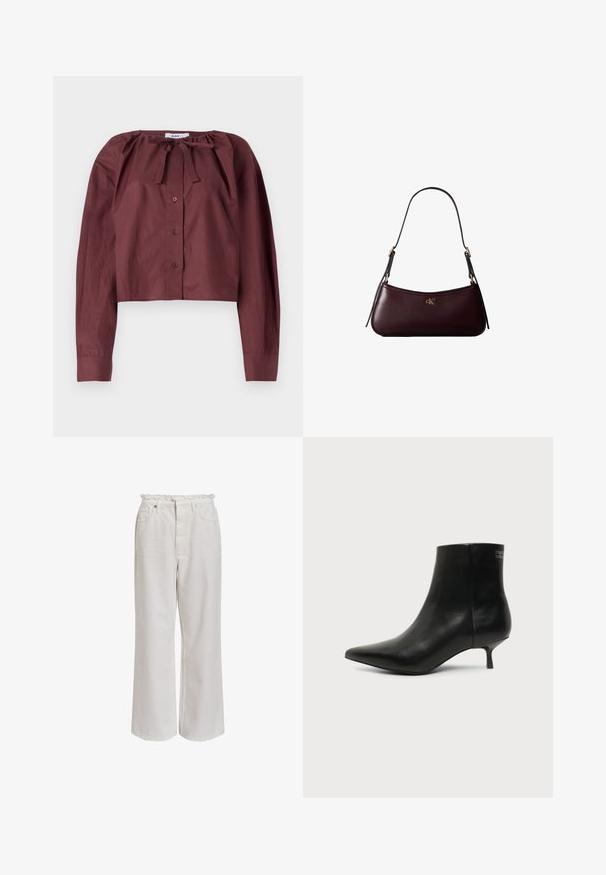 Bordeauxfarbenes, kurzes Blusenshirt aus leichtem Stoff mit einem Bindekragen, langen Ärmeln und einer Knopfleiste vorne. Glatte Textur mit minimalen Details.; Weiße weite Hosen mit einem gerafften Bund, vorderen Taschen und einer glatten, weich anfühlenden Textur. Hergestellt aus leichtem Baumwollmaterial.; Schwarzer Leder-Knöchel-Stiefel mit spitzer Spitze und niedrigem Kittenabsatz vor hellem Hintergrund, seitliche Ansicht.; Dunkelburgunderfarbene Lederhandtasche mit schmalem schwarzem Schulterriemen und kleinem goldenem "cK" Logo vorne in der Mitte.